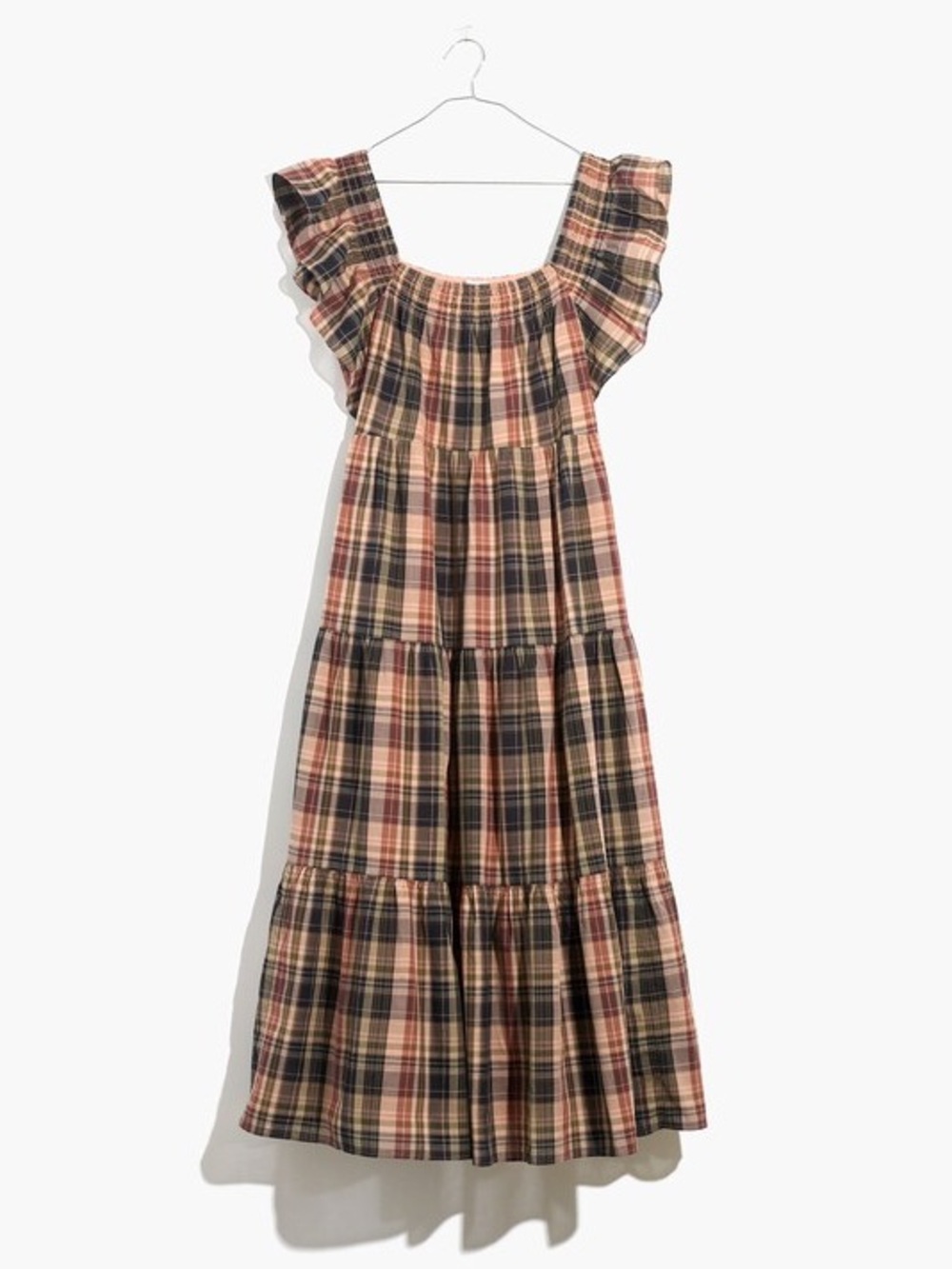 MADEWELL Cottagecore Flutter-Sleeve Tiered Midi Dress in Plaid Tiered Boho L EUC